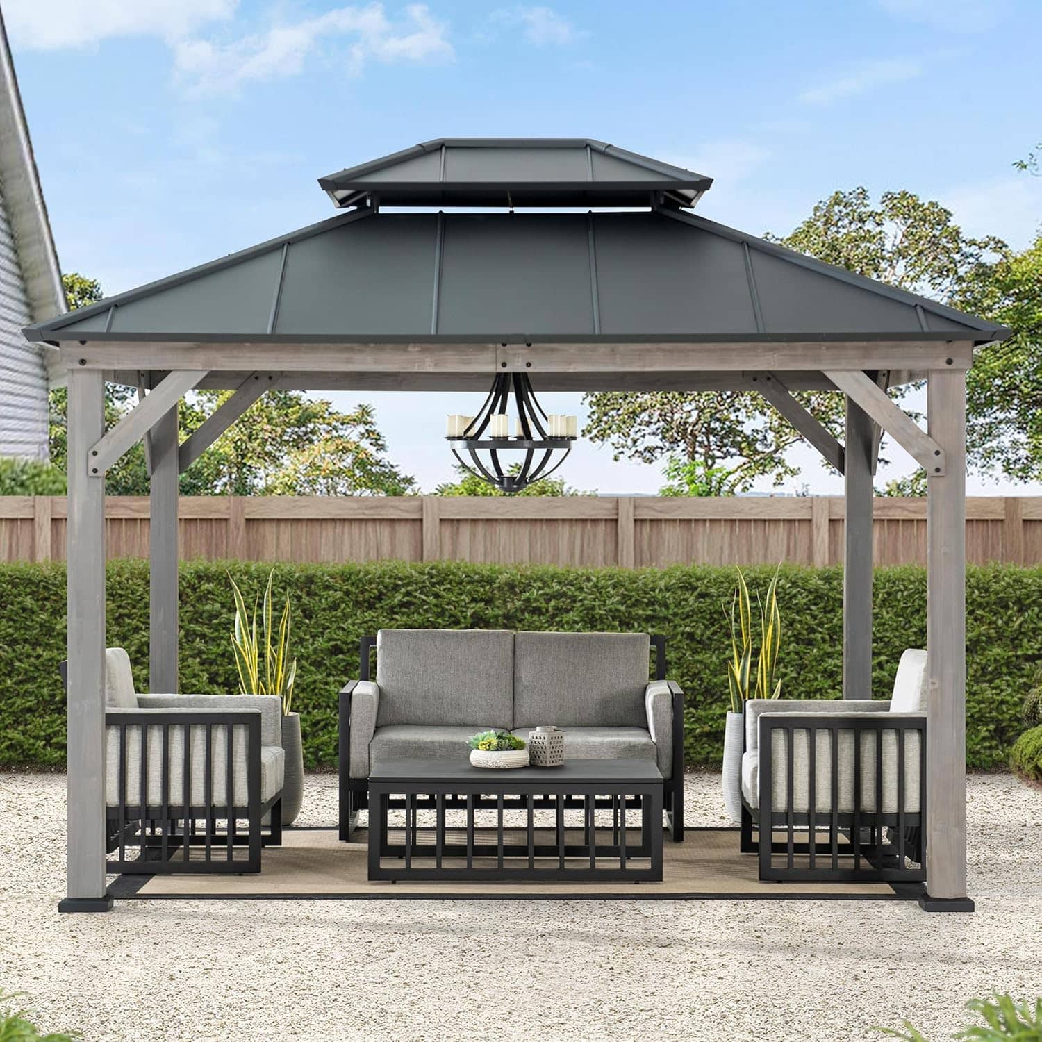 Sunjoy 10x12 Cedar Frame Hard Top Gazebo, Matte Black