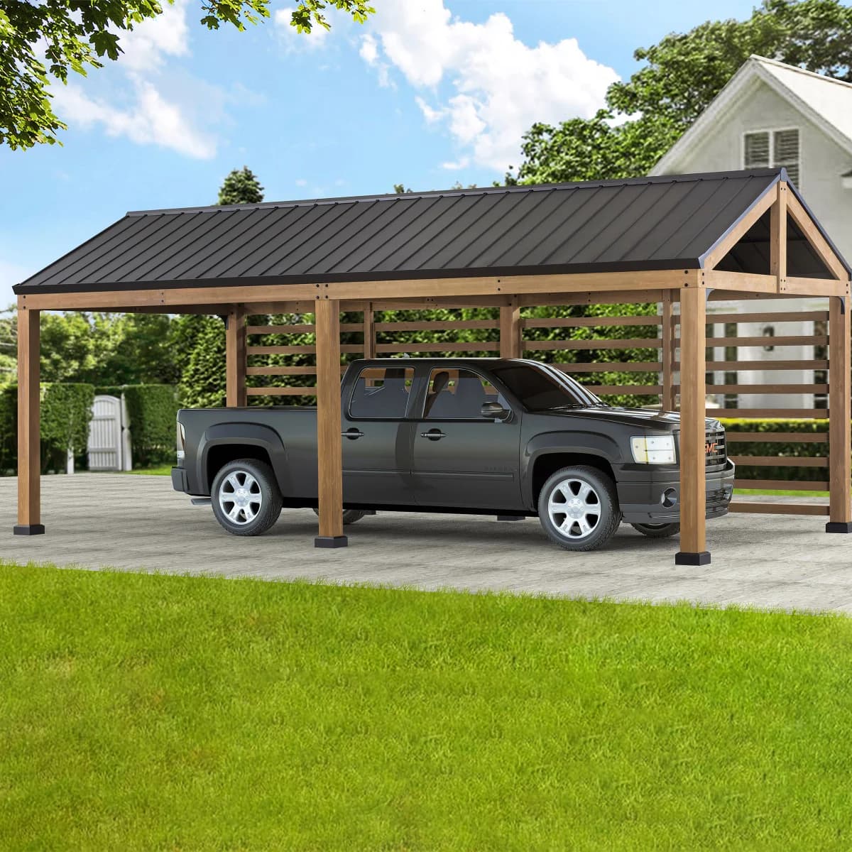  Sunjoy Newville Wood Carport with Privacy Wall and Rain Gutter, 10 ft. x 20 ft.