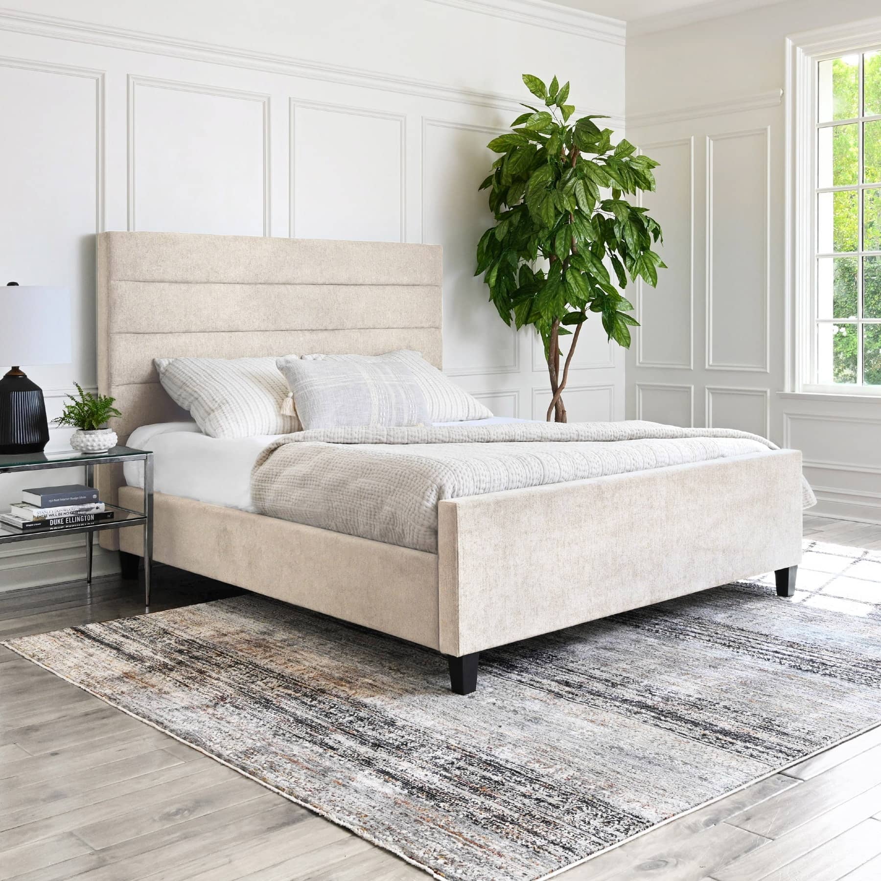 Athena Upholstered Queen Bed Frame with Channel Tufted Headboard, Cream