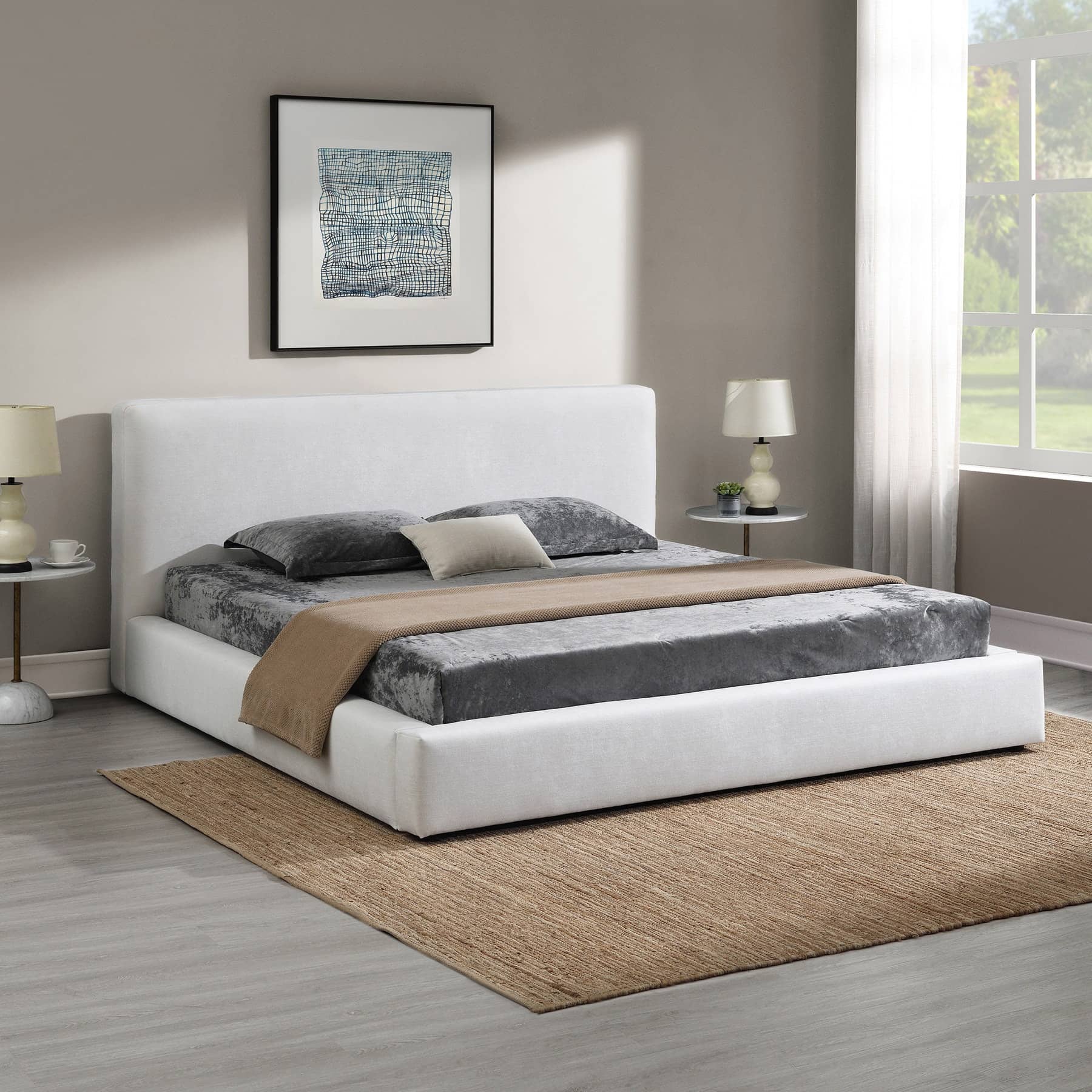 Mindy Upholstered Bed Frame Low Profile Platform, Queen