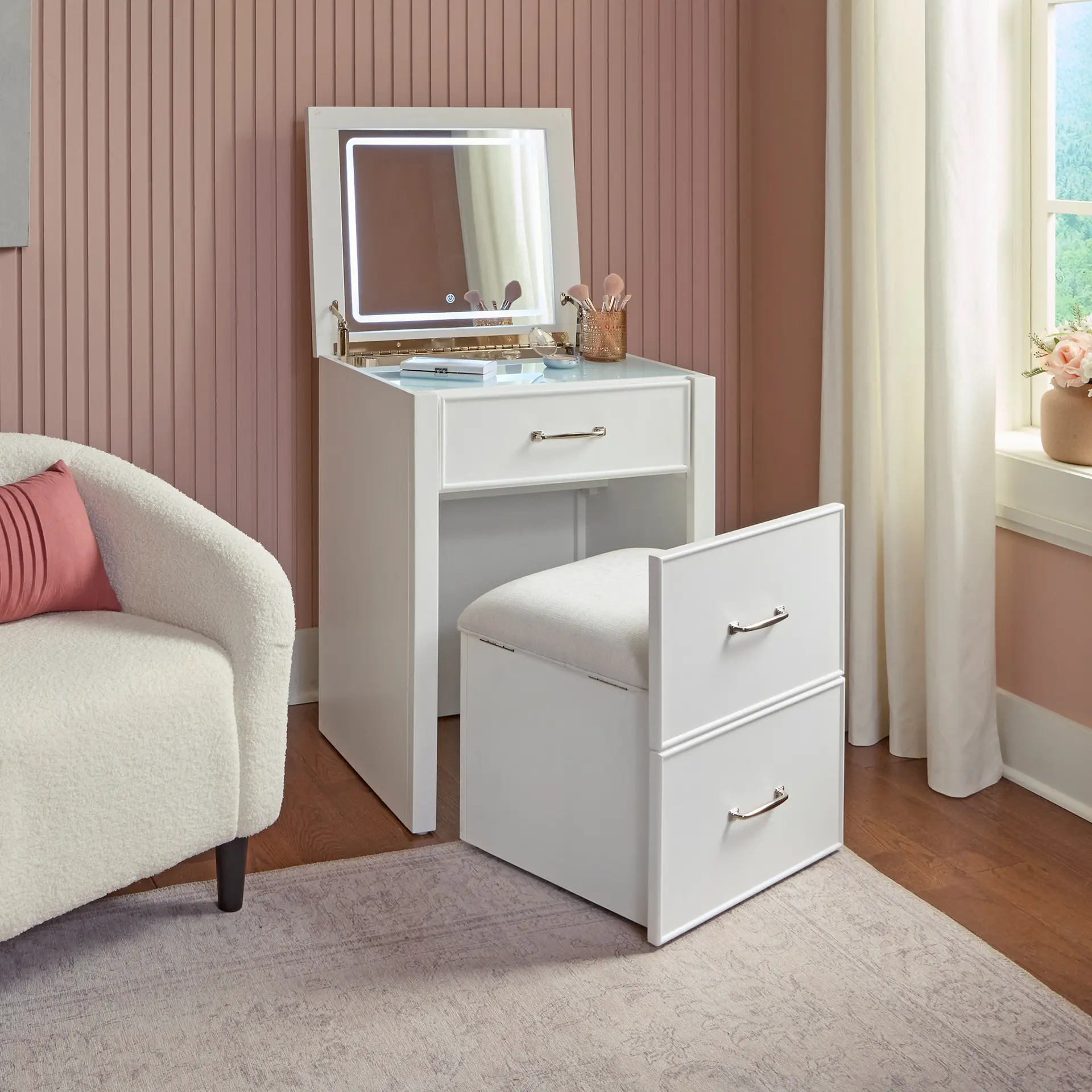 Odessa Lift-top Vanity with LED Lighted Mirror, White